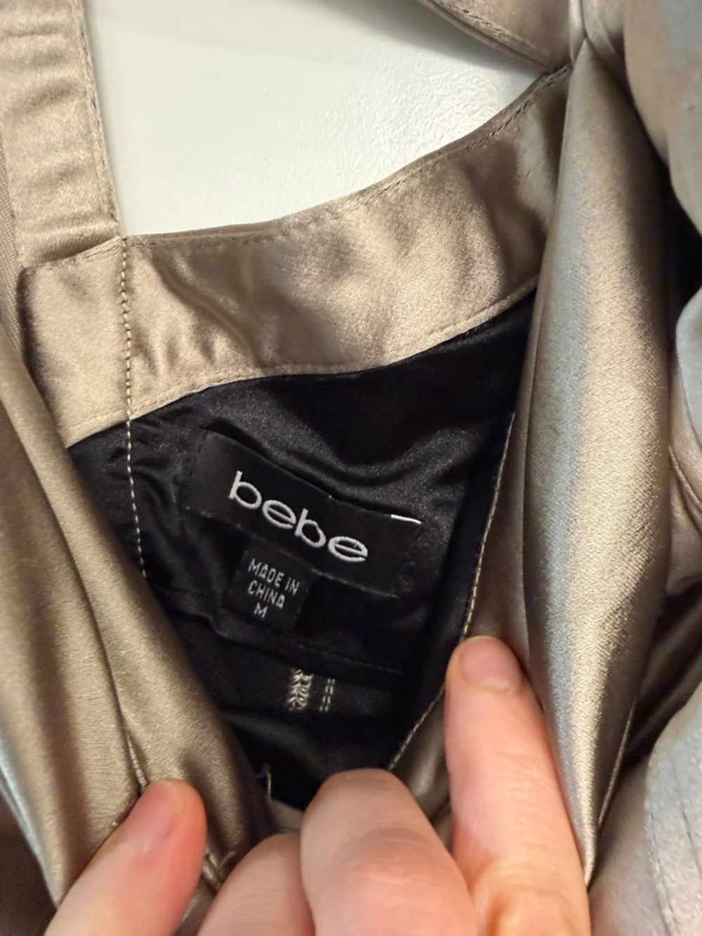 BEBE Champagne Satin Square-Neck Sheath Dress in Taupe - Picture 3 of 3